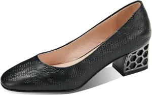 TinaCus Embossed Genuine Leather Women's Round Toe Handmade Chunky Heels Pumps Shoes