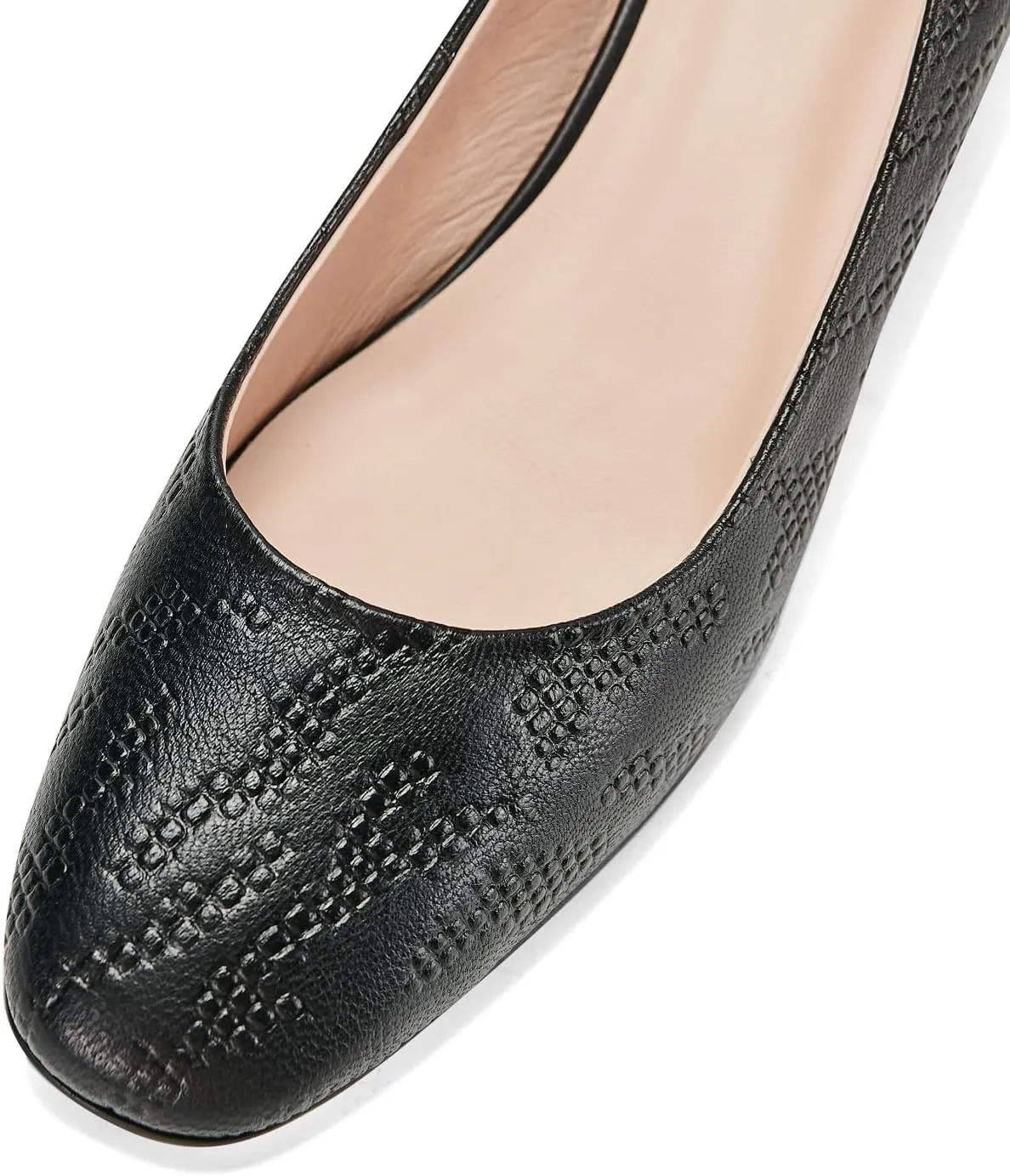 TinaCus Embossed Genuine Leather Women's Round Toe Handmade Chunky Heels Pumps Shoes
