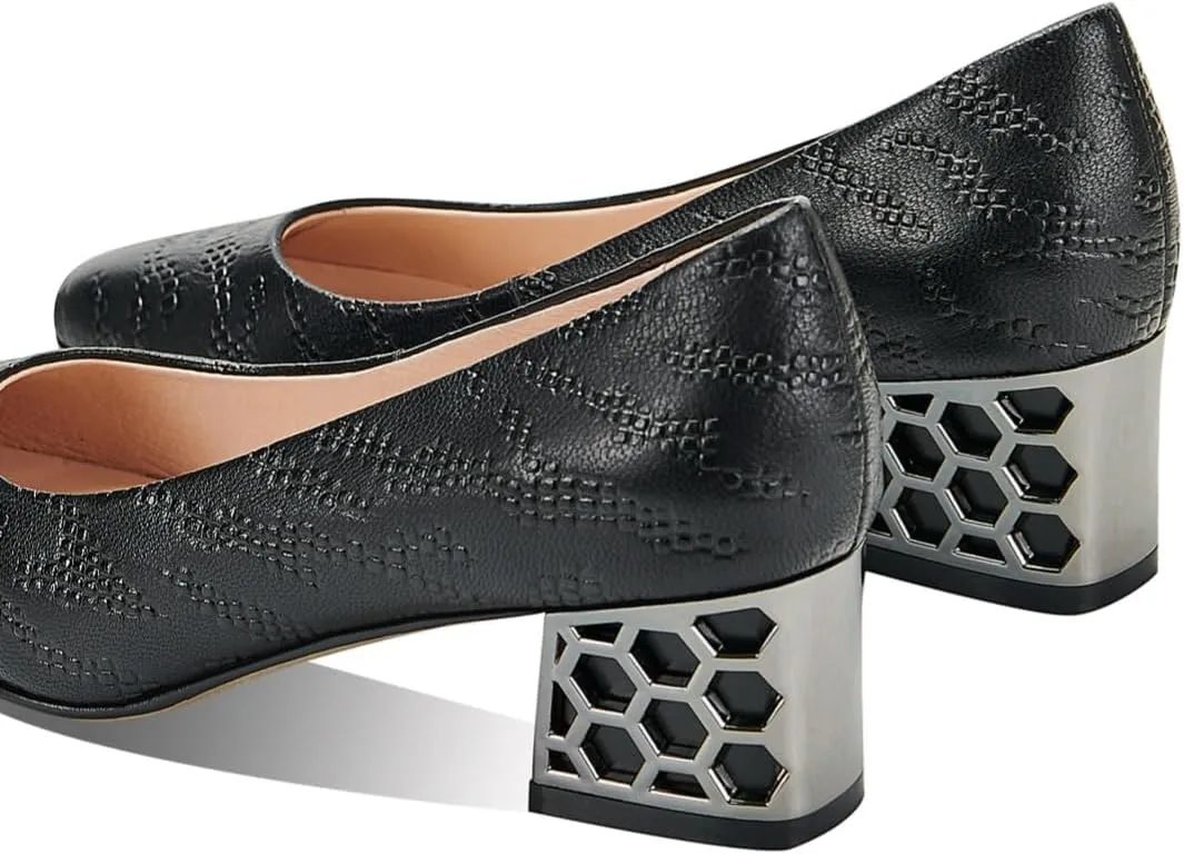 TinaCus Embossed Genuine Leather Women's Round Toe Handmade Chunky Heels Pumps Shoes