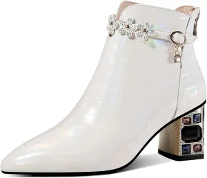 TinaCus Genuine Leather Women's Handmade Crystal Chunky Heel Pointed Toe Back zip Up Floral Belt Ankle Booties