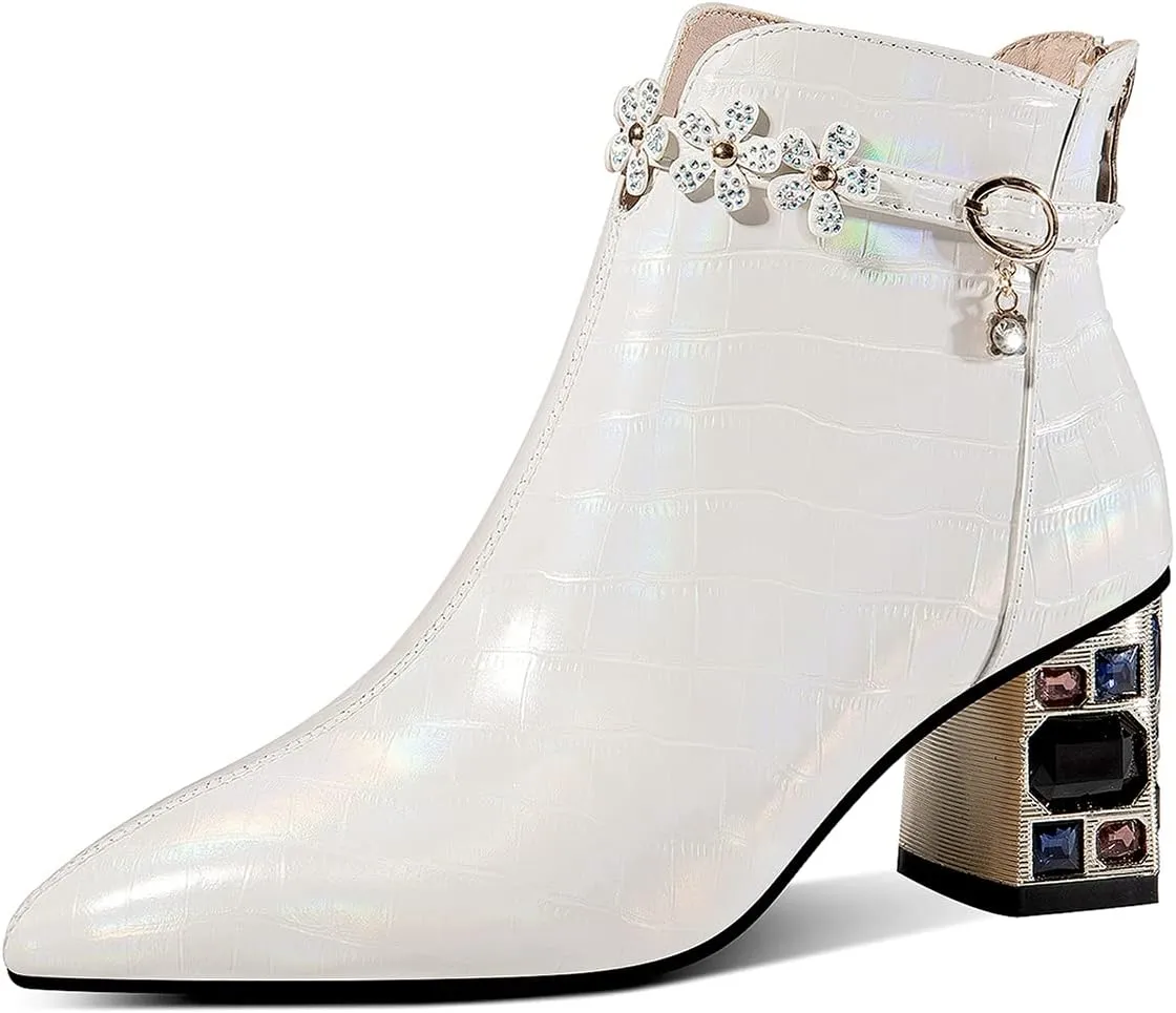 TinaCus Genuine Leather Women's Handmade Crystal Chunky Heel Pointed Toe Back zip Up Floral Belt Ankle Booties