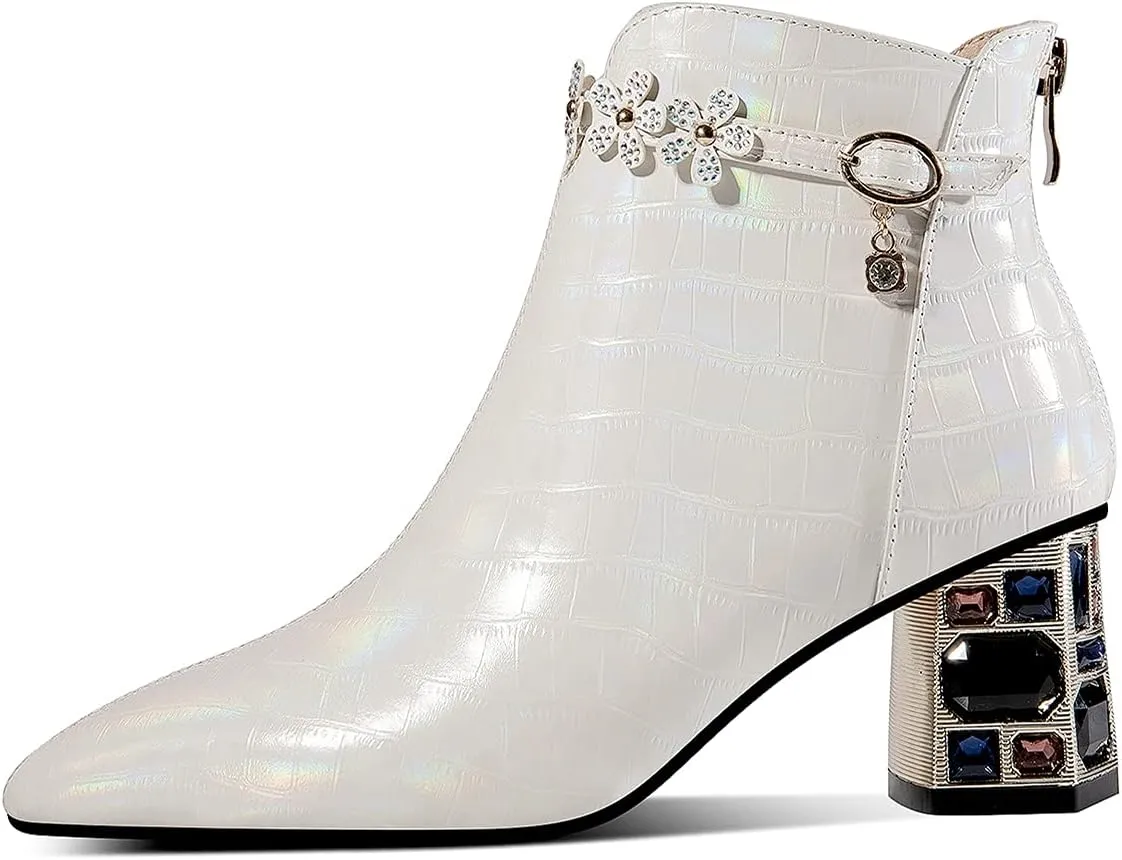 TinaCus Genuine Leather Women's Handmade Crystal Chunky Heel Pointed Toe Back zip Up Floral Belt Ankle Booties
