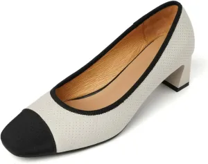 TinaCus Handmade Women's Genuine Leather Slip On Embossed Cap-Toe Chunky Heel Pumps