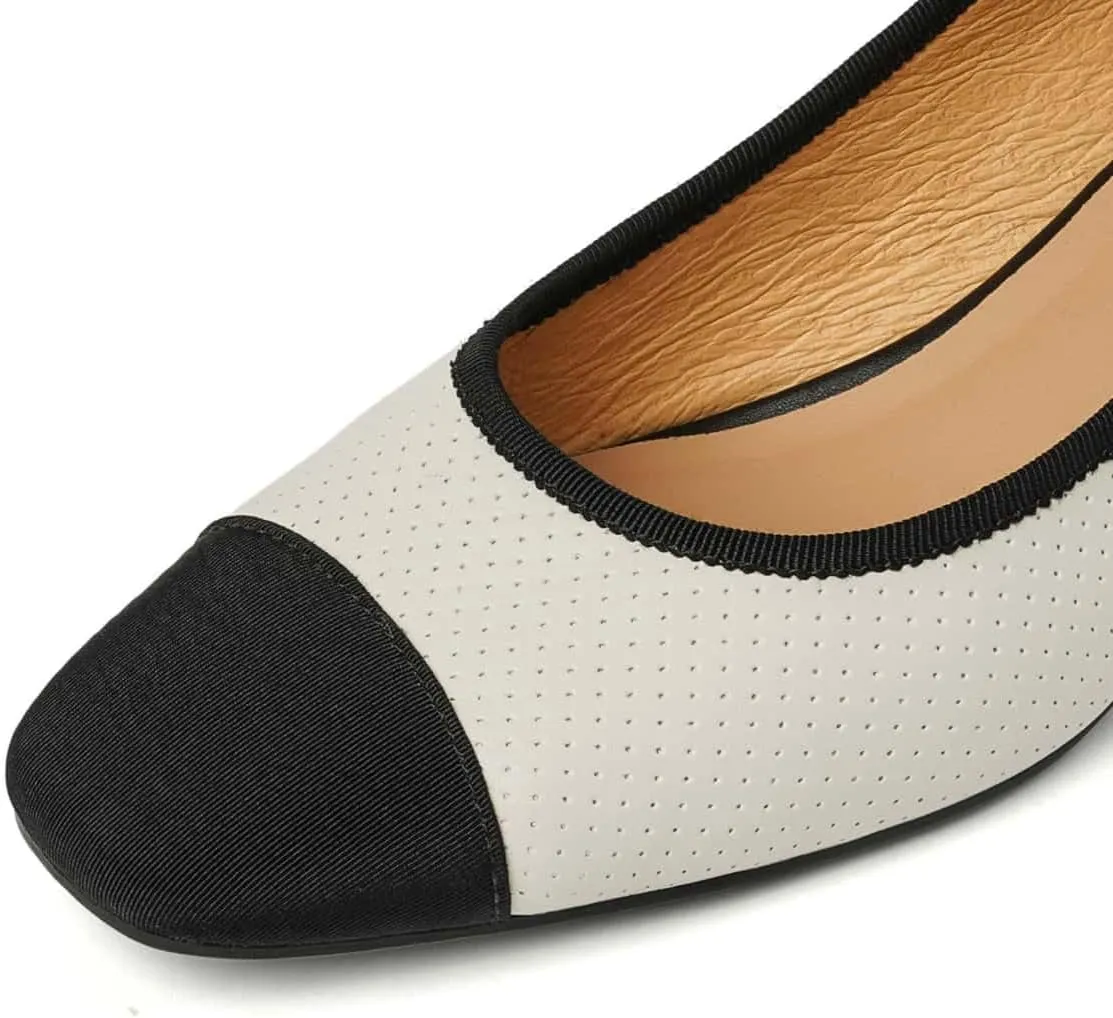 TinaCus Handmade Women's Genuine Leather Slip On Embossed Cap-Toe Chunky Heel Pumps