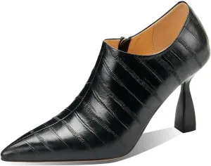 TinaCus Women's Genuine Leather Embossed Side Zipper Pointed Toe Stiletto Heel Pumps Shoes