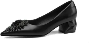 TinaCus Women's Pointed Toe Genuine/Suede Leather Handmade Rhinestone Floral Decor Low Chunky Heel Pumps Shoes