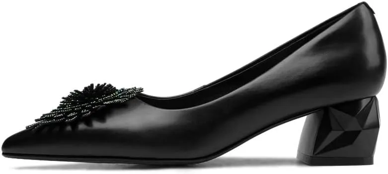 TinaCus Women's Pointed Toe Genuine/Suede Leather Handmade Rhinestone Floral Decor Low Chunky Heel Pumps Shoes