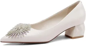 TinaCus Women's Pointed Toe Genuine/Suede Leather Handmade Rhinestone Floral Decor Low Chunky Heel Pumps Shoes