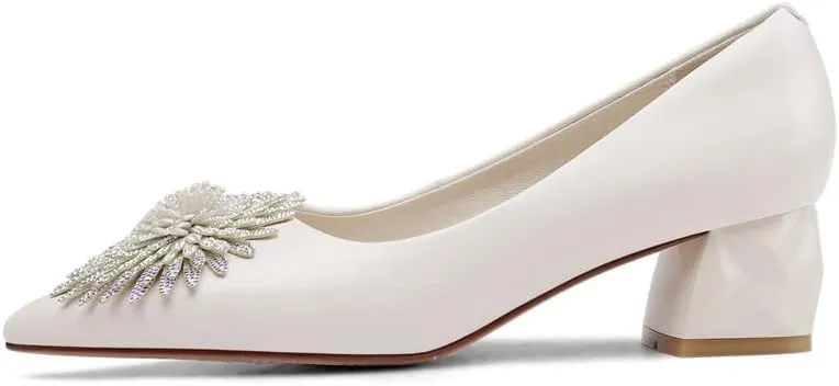 TinaCus Women's Pointed Toe Genuine/Suede Leather Handmade Rhinestone Floral Decor Low Chunky Heel Pumps Shoes