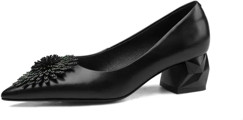 TinaCus Women's Pointed Toe Genuine/Suede Leather Handmade Rhinestone Floral Decor Low Chunky Heel Pumps Shoes
