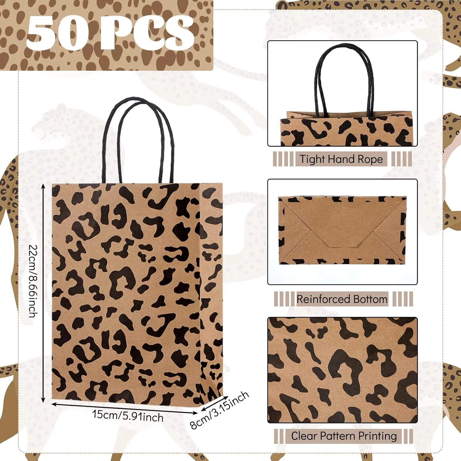 Tinlade 16 Pcs Cheetah Print Gift Bags Leopard Print Small Paper Goodies Bags with Handles Jungle Safari Party Favors for Kids Wild Life Animal Birthday Baby Shower Decorations Supplies