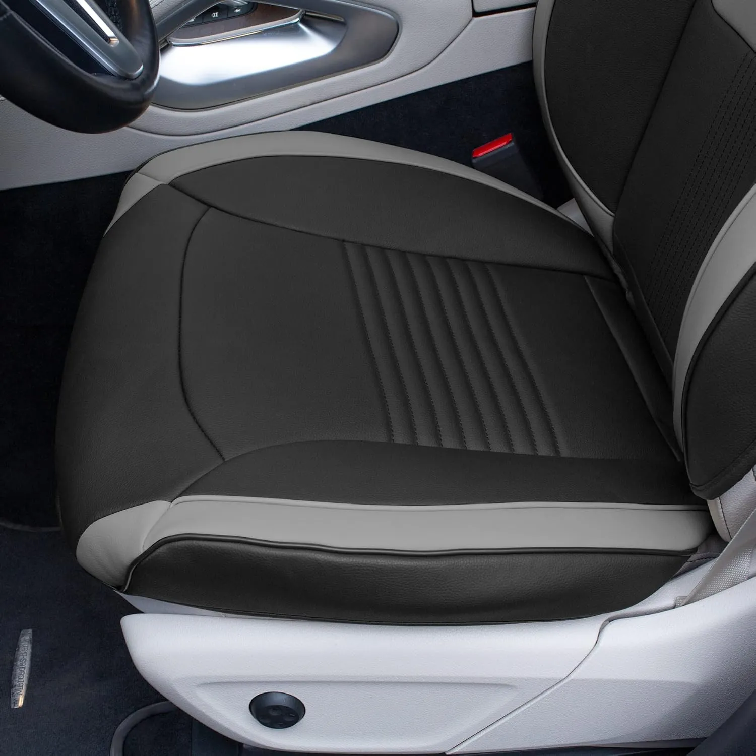 TLH Hybrid70 Deluxe Faux Leather Gray Car Seat Covers with Modern Pattern – Front Set, Universal Fit Car Seat Protector, 2 Pack Seat Covers for Cars Trucks SUV, Waterproof Car Seat Cover Cushion