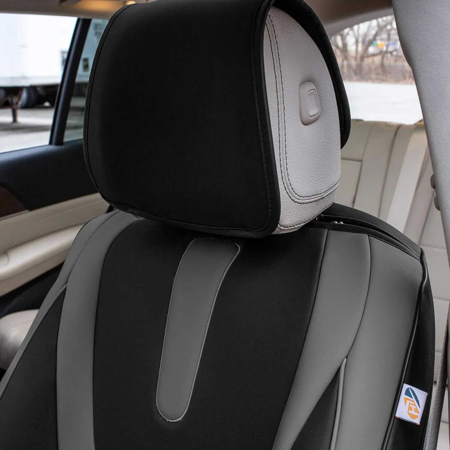 TLH Hybrid70 Deluxe Faux Leather Gray Car Seat Covers with Modern Pattern – Front Set, Universal Fit Car Seat Protector, 2 Pack Seat Covers for Cars Trucks SUV, Waterproof Car Seat Cover Cushion