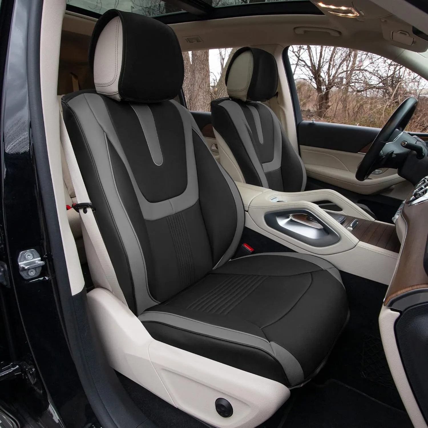TLH Hybrid70 Deluxe Faux Leather Gray Car Seat Covers with Modern Pattern – Front Set, Universal Fit Car Seat Protector, 2 Pack Seat Covers for Cars Trucks SUV, Waterproof Car Seat Cover Cushion