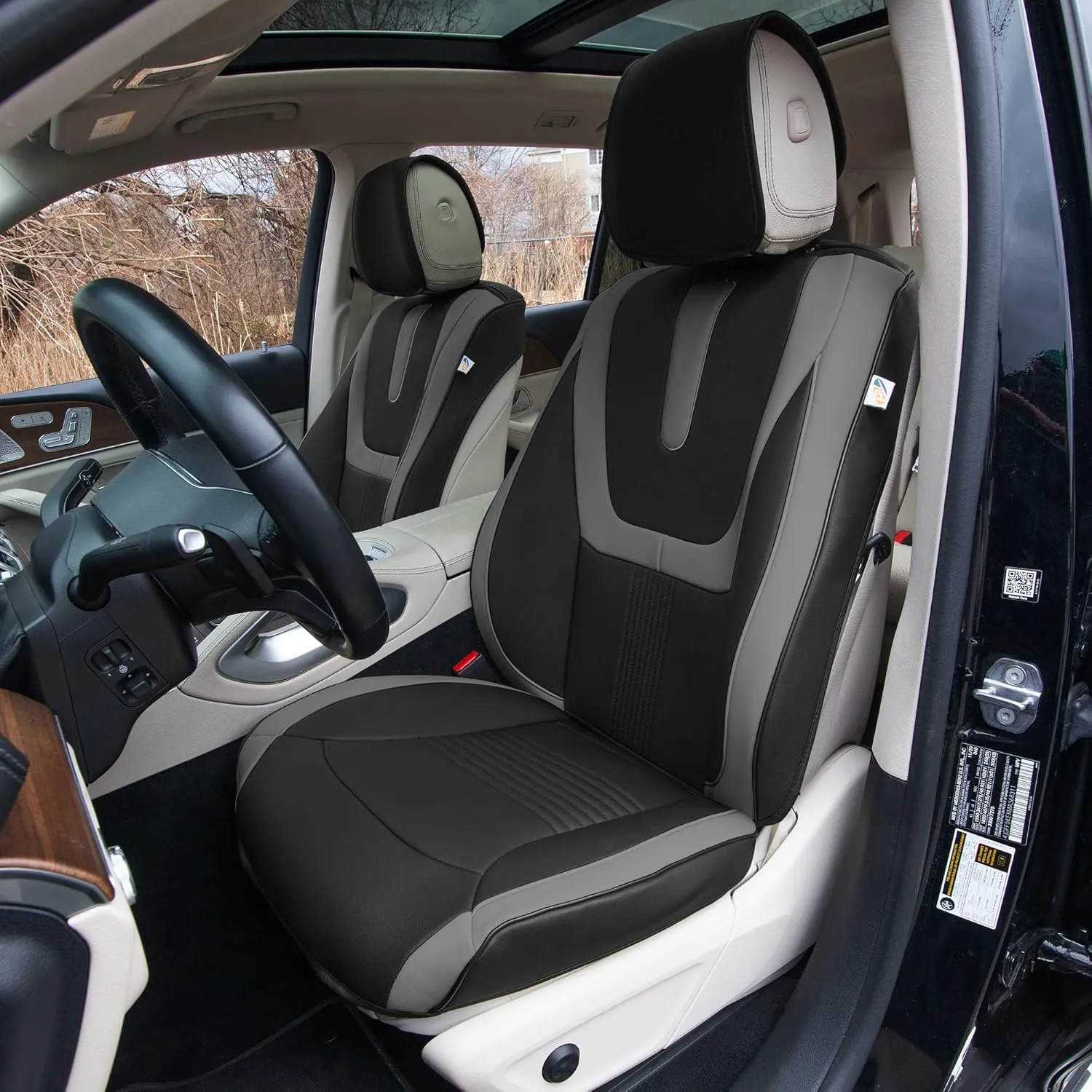 TLH Hybrid70 Deluxe Faux Leather Gray Car Seat Covers with Modern Pattern – Front Set, Universal Fit Car Seat Protector, 2 Pack Seat Covers for Cars Trucks SUV, Waterproof Car Seat Cover Cushion