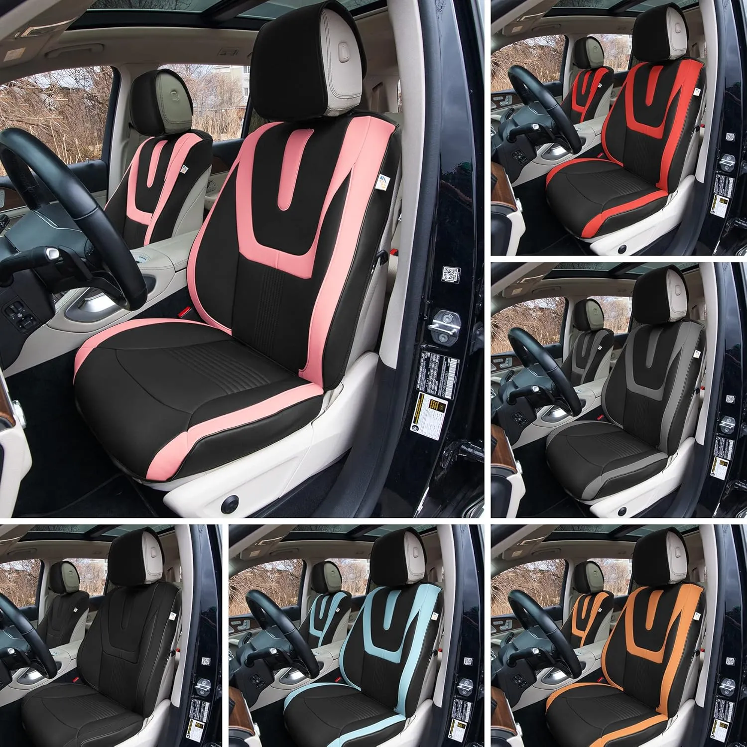 TLH Hybrid70 Deluxe Faux Leather Gray Car Seat Covers with Modern Pattern – Front Set, Universal Fit Car Seat Protector, 2 Pack Seat Covers for Cars Trucks SUV, Waterproof Car Seat Cover Cushion