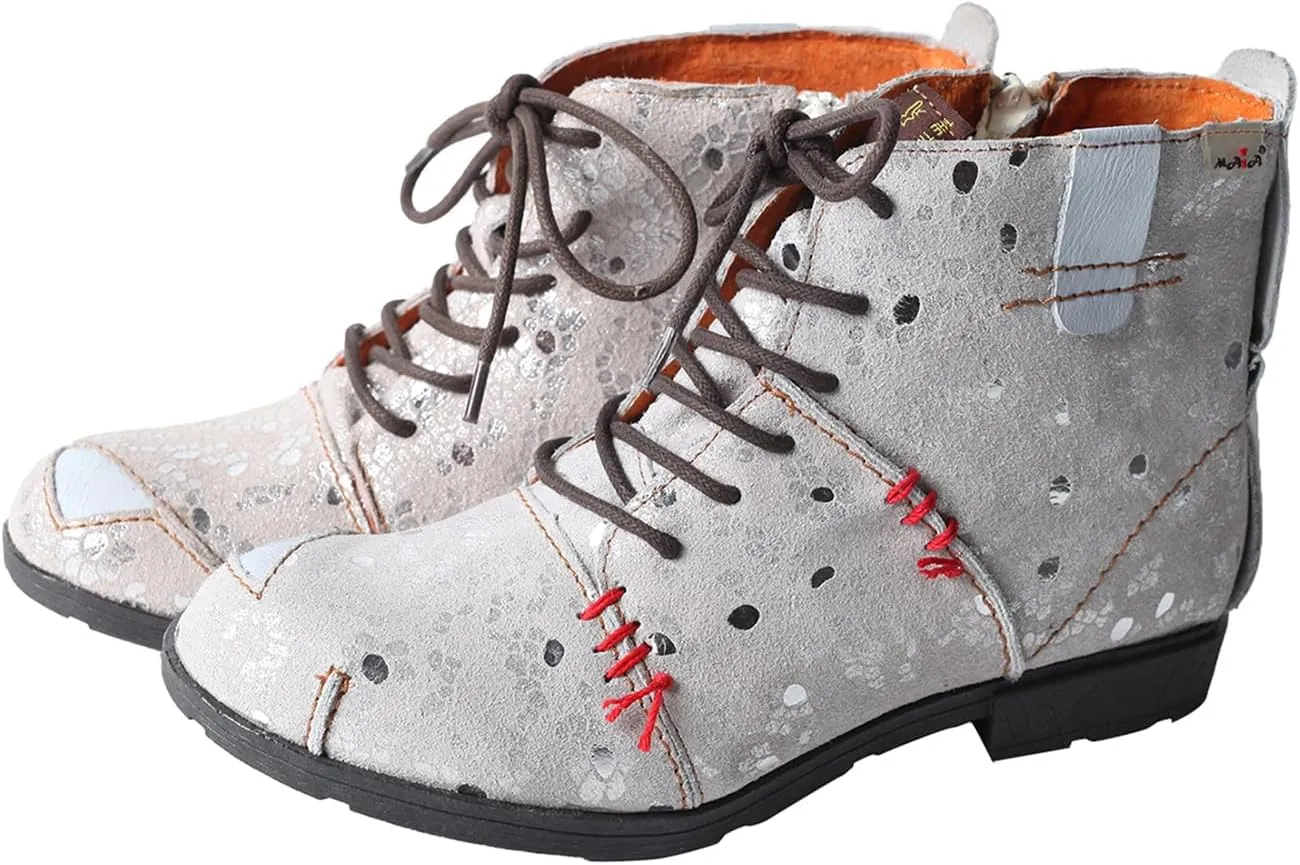 TMA EYES Hand-Stitched Floral-Print Leather Women's Boots