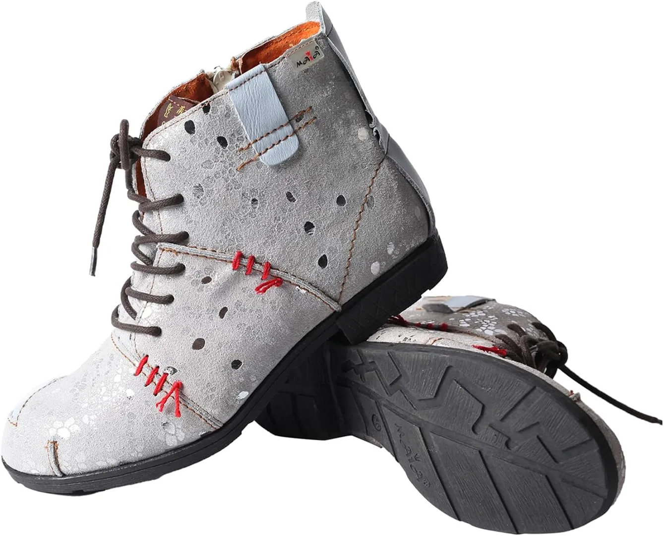 TMA EYES Hand-Stitched Floral-Print Leather Women's Boots