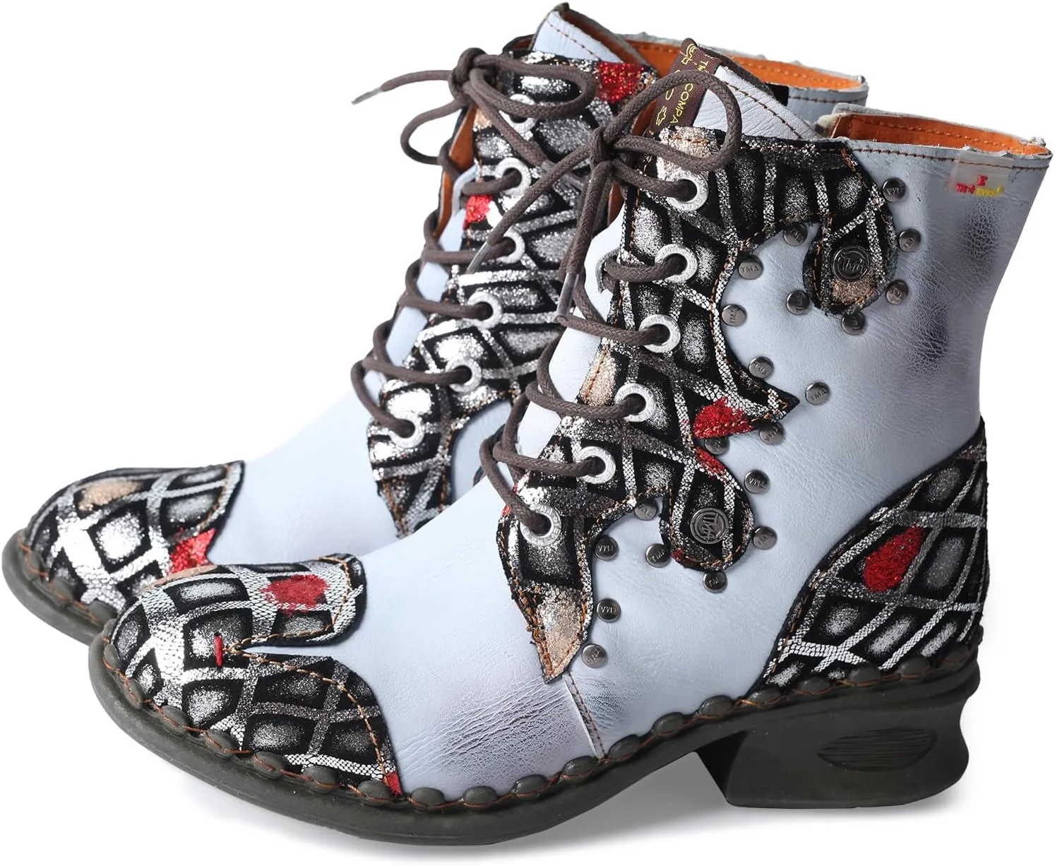 TMA EYES Women's Ankle Booties Lace Up Combat Boot Geometric Pattern With Leather Stitching Shoes
