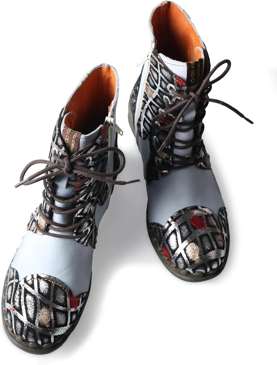 TMA EYES Women's Ankle Booties Lace Up Combat Boot Geometric Pattern With Leather Stitching Shoes