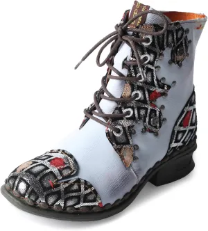 TMA EYES Women's Ankle Booties Lace Up Combat Boot Geometric Pattern With Leather Stitching Shoes