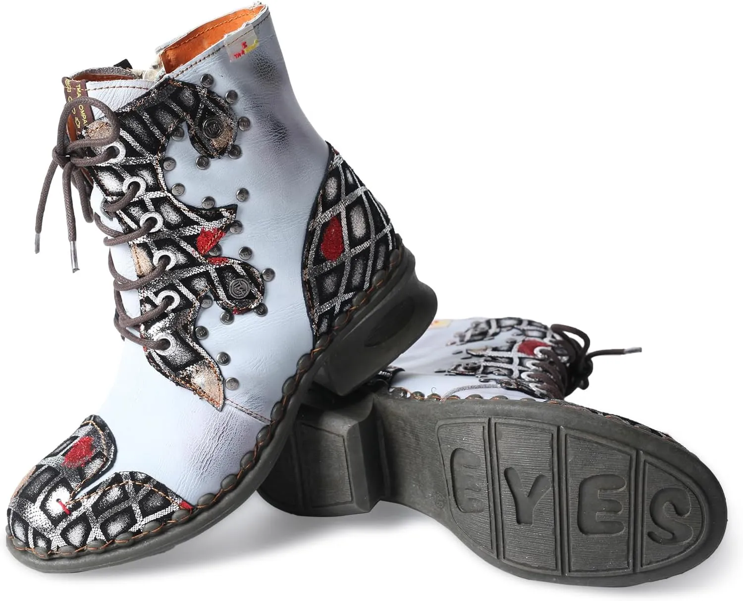 TMA EYES Women's Ankle Booties Lace Up Combat Boot Geometric Pattern With Leather Stitching Shoes
