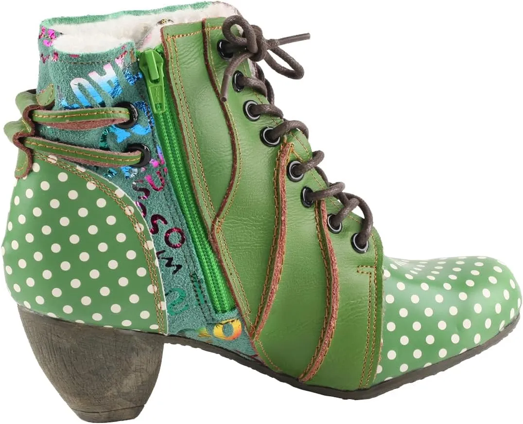 TMA EYES Women's Leather Ankle Boots with Low heel Polka dot pattern and Faux Fur Lining