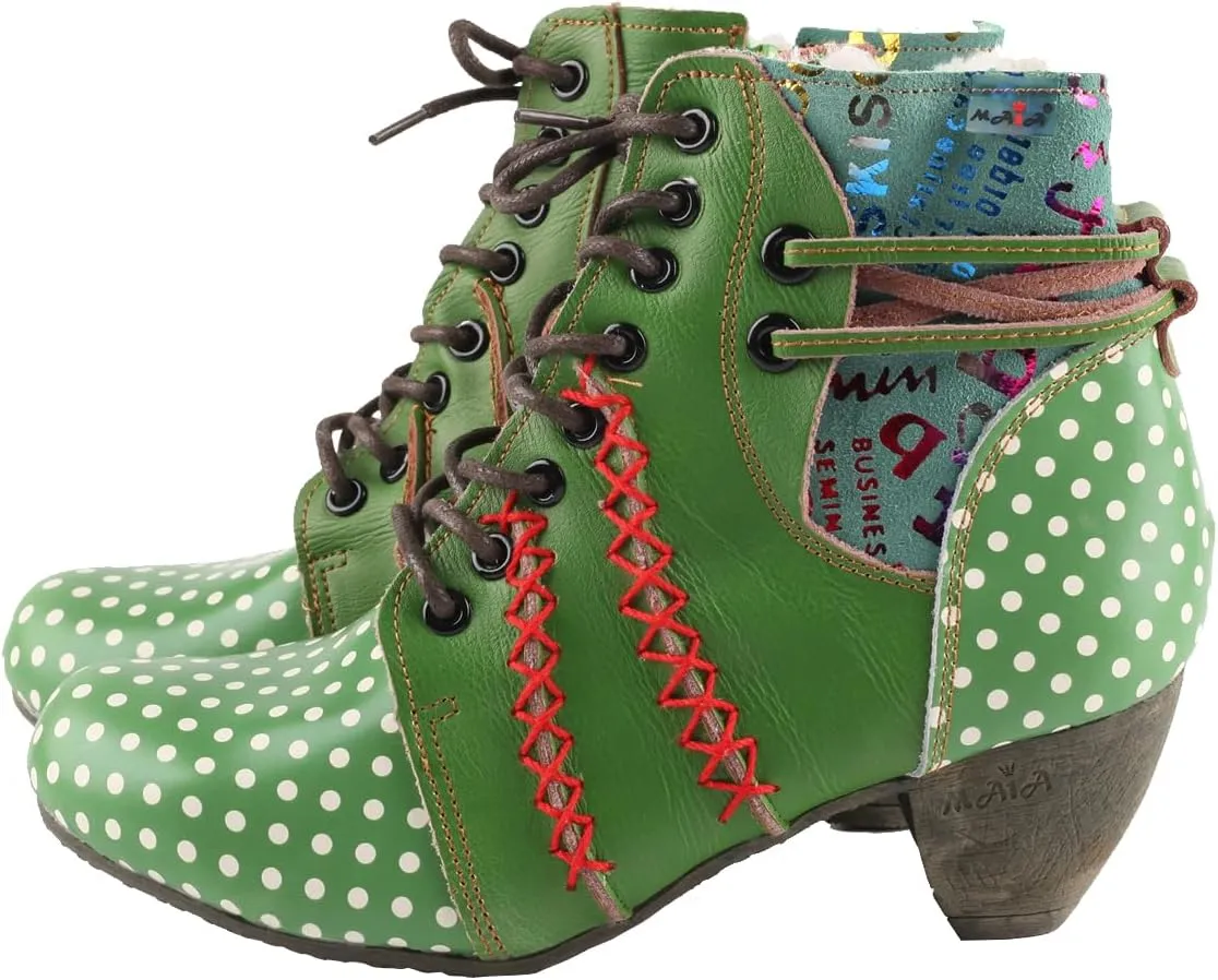 TMA EYES Women's Leather Ankle Boots with Low heel Polka dot pattern and Faux Fur Lining