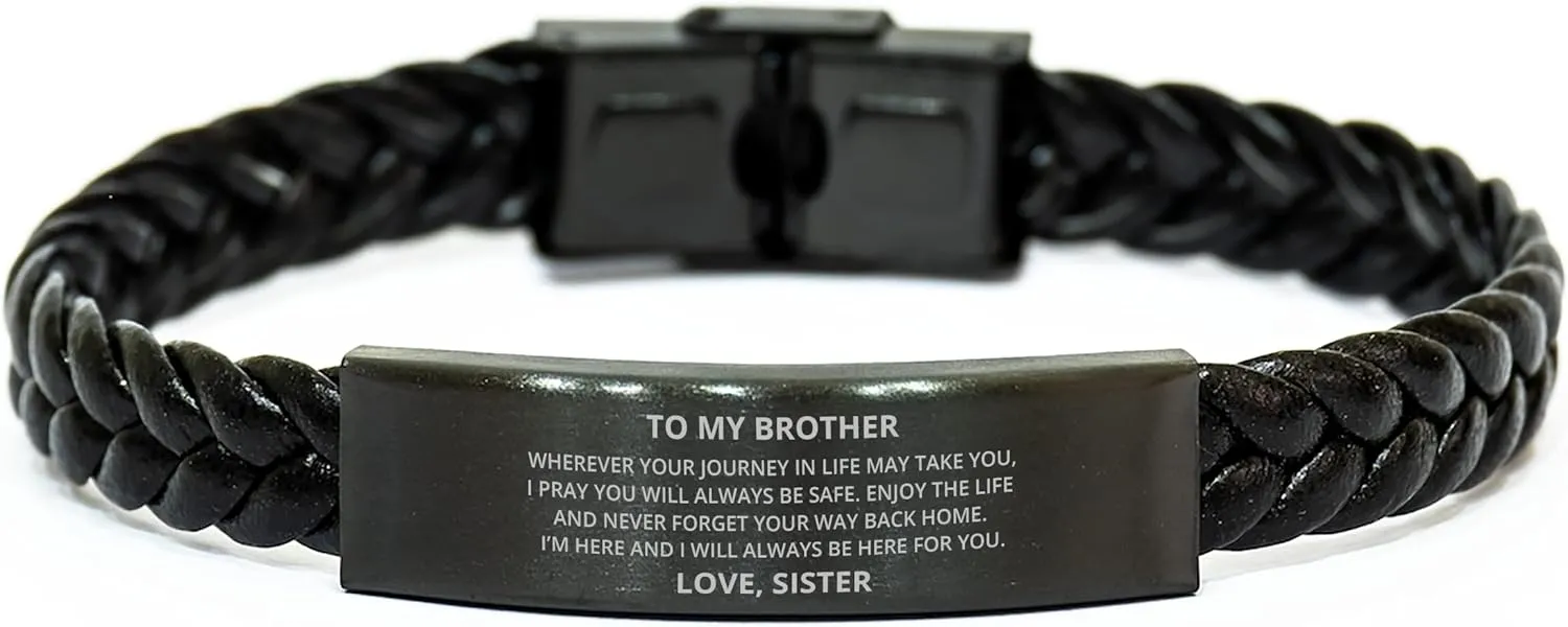 To My Brother Braided Leather Bracelet Gifts From Sister For Brother Mens - Wherever Your Journey in Life May take You - Inspirational Birthday Christmas Gifts, Black Adjustable Engraved Bracelet