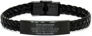 To My Godfather Braided Leather Bracelet No Matter How Near Or Far Apart - Motivational Engraved Christmas Birthday Gifts From Daughter, Personalized Gifts