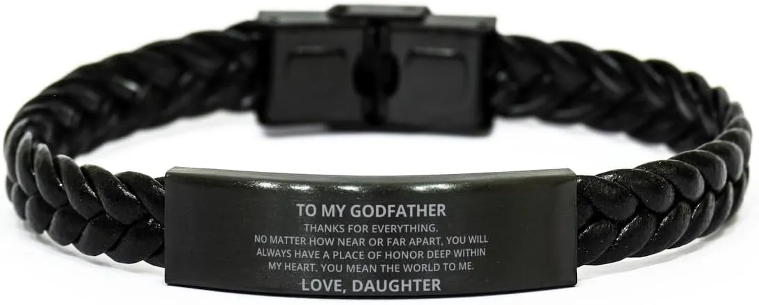 To My Godfather Braided Leather Bracelet No Matter How Near Or Far Apart - Motivational Engraved Christmas Birthday Gifts From Daughter, Personalized Gifts