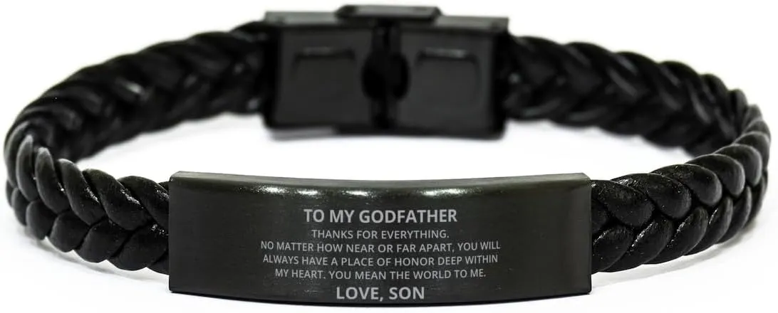 To My Godfather Braided Leather Bracelet No Matter How Near Or Far Apart - Motivational Engraved Christmas Birthday Gifts From Son, Personalized Gifts