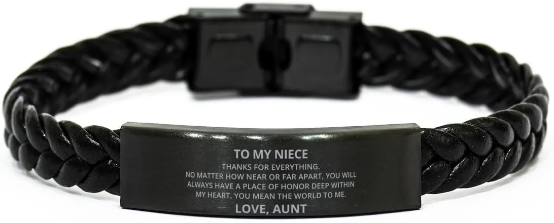 To My Niece Braided Leather Bracelet No Matter How Near Or Far Apart - Motivational Engraved Christmas Birthday Gifts From Aunt, Personalized Gifts