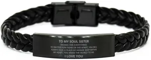 To My Soul Sister Braided Leather Bracelet No Matter How Near Or Far Apart - Motivational Engraved Christmas Birthday Gifts For Men Women, Personalized Gifts