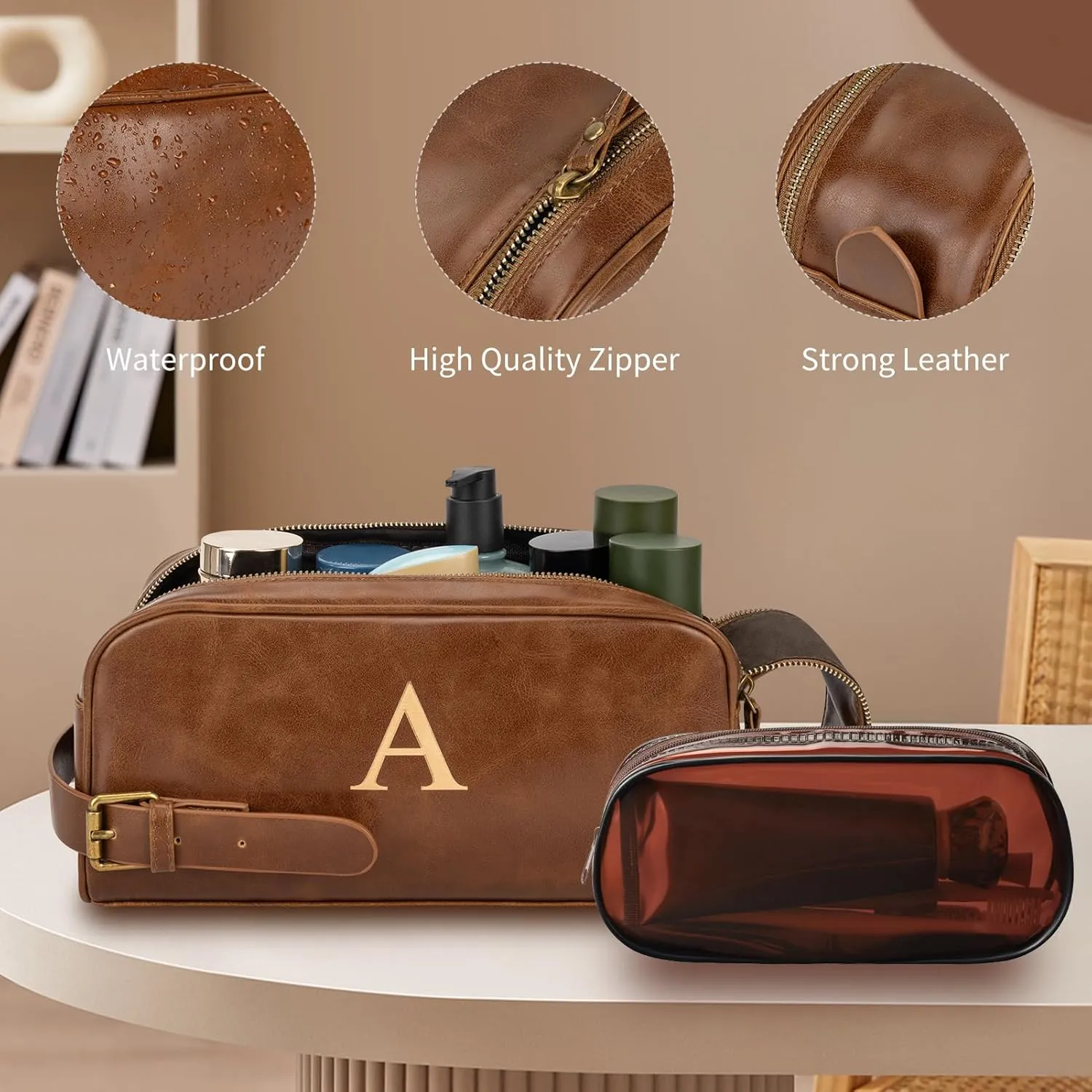 Toiletry Bags for Men Leather Travel Toiletry Bag With Engraved Initial Large Shaving & Dopp Kit Personalized Birthday Wedding Groomsmen Gifts for Men (NONE)