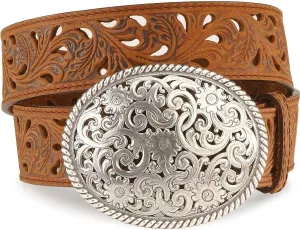 Tony Lama Women's Floral Cutout Leather Belt Brown 42