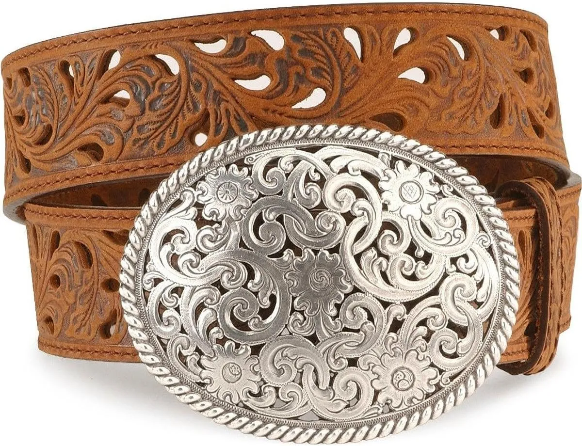 Tony Lama Women's Floral Cutout Leather Belt Brown 42