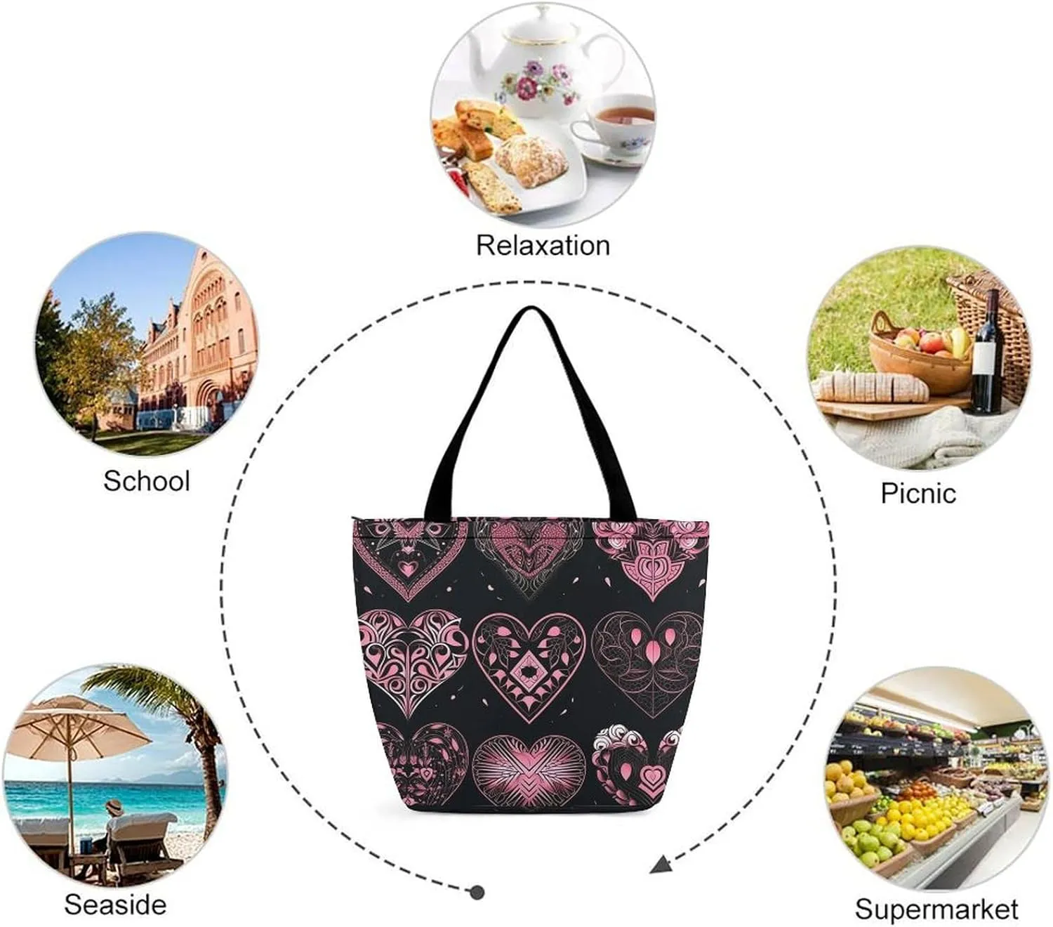 Tote Bag for Women Grocery Bag Hearts Foldable Shopping Bags Reusable Large Tote Bag