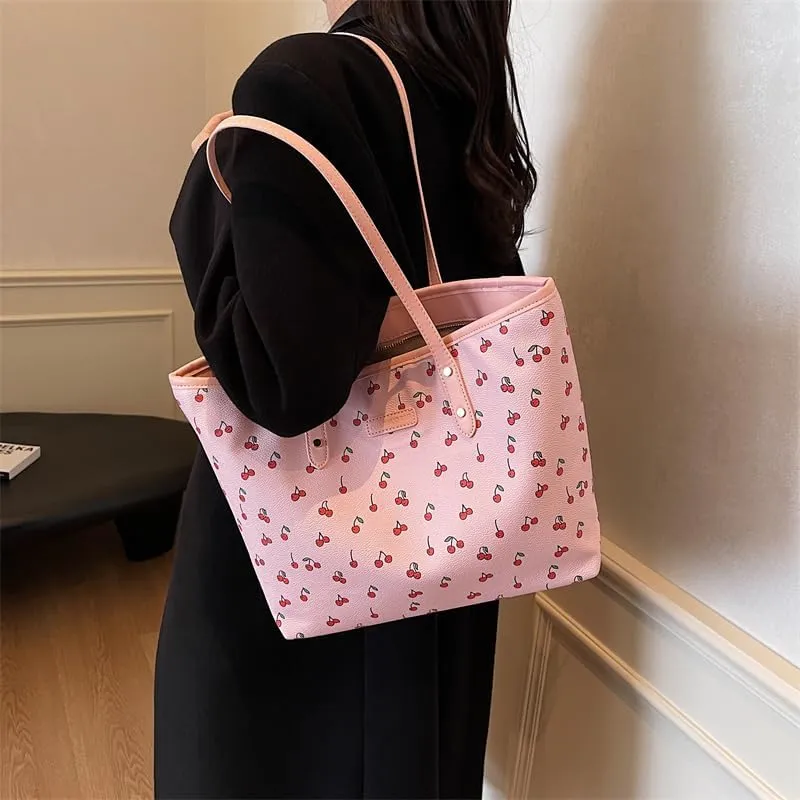 Tote Bags for Women,Cherry Print Tote Bags Faux Leather Shoulder Bag Cherry Purse Top Handle Cute Floral Hangbags