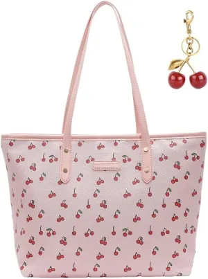 Tote Bags for Women,Cherry Print Tote Bags Faux Leather Shoulder Bag Cherry Purse Top Handle Cute Floral Hangbags