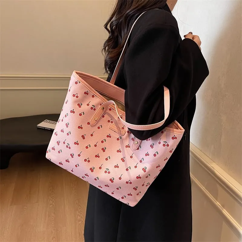 Tote Bags for Women,Cherry Print Tote Bags Faux Leather Shoulder Bag Cherry Purse Top Handle Cute Floral Hangbags