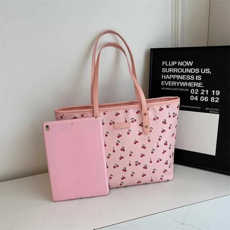 Tote Bags for Women,Cherry Print Tote Bags Faux Leather Shoulder Bag Cherry Purse Top Handle Cute Floral Hangbags