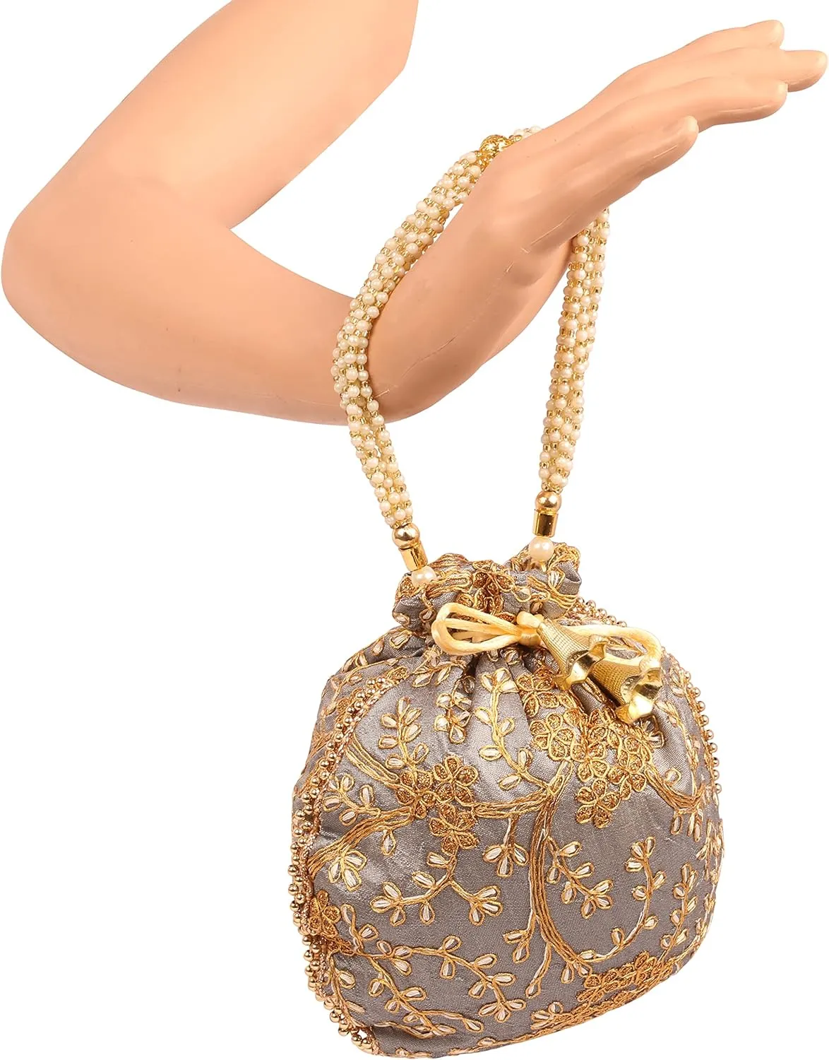 Touchstone Traditional Indian Hand Embroidered Shopping Gifts Jewelry Wedding Faux Pearls Strings Drawstring Bag for Women.