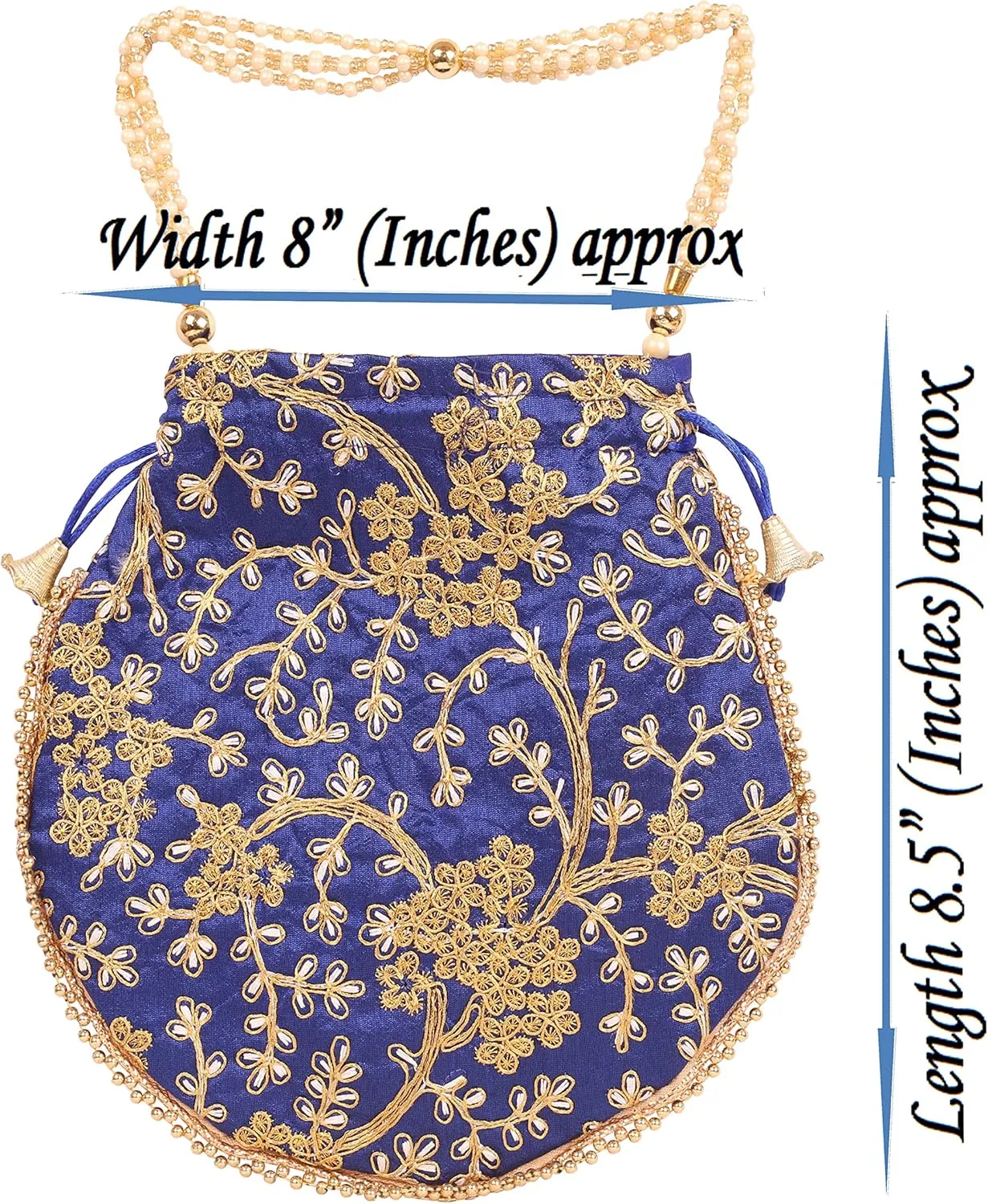 Touchstone Traditional Indian Hand Embroidered Shopping Gifts Jewelry Wedding Faux Pearls Strings Drawstring Bag for Women.
