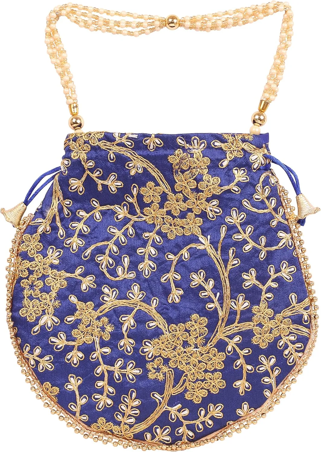 Touchstone Traditional Indian Hand Embroidered Shopping Gifts Jewelry Wedding Faux Pearls Strings Drawstring Bag for Women.