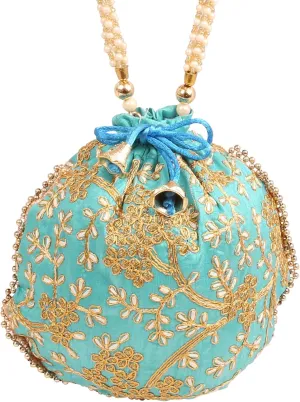 Touchstone Traditional Indian Hand Embroidered Shopping Gifts Jewelry Wedding Faux Pearls Strings Drawstring Bag for Women.