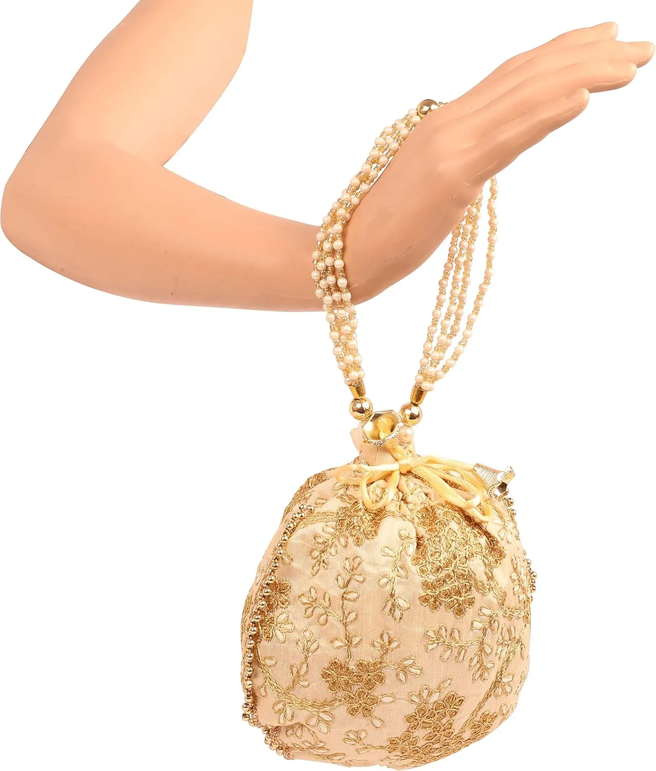 Touchstone Traditional Indian Hand Embroidered Shopping Gifts Jewelry Wedding Faux Pearls Strings Drawstring Bag for Women.