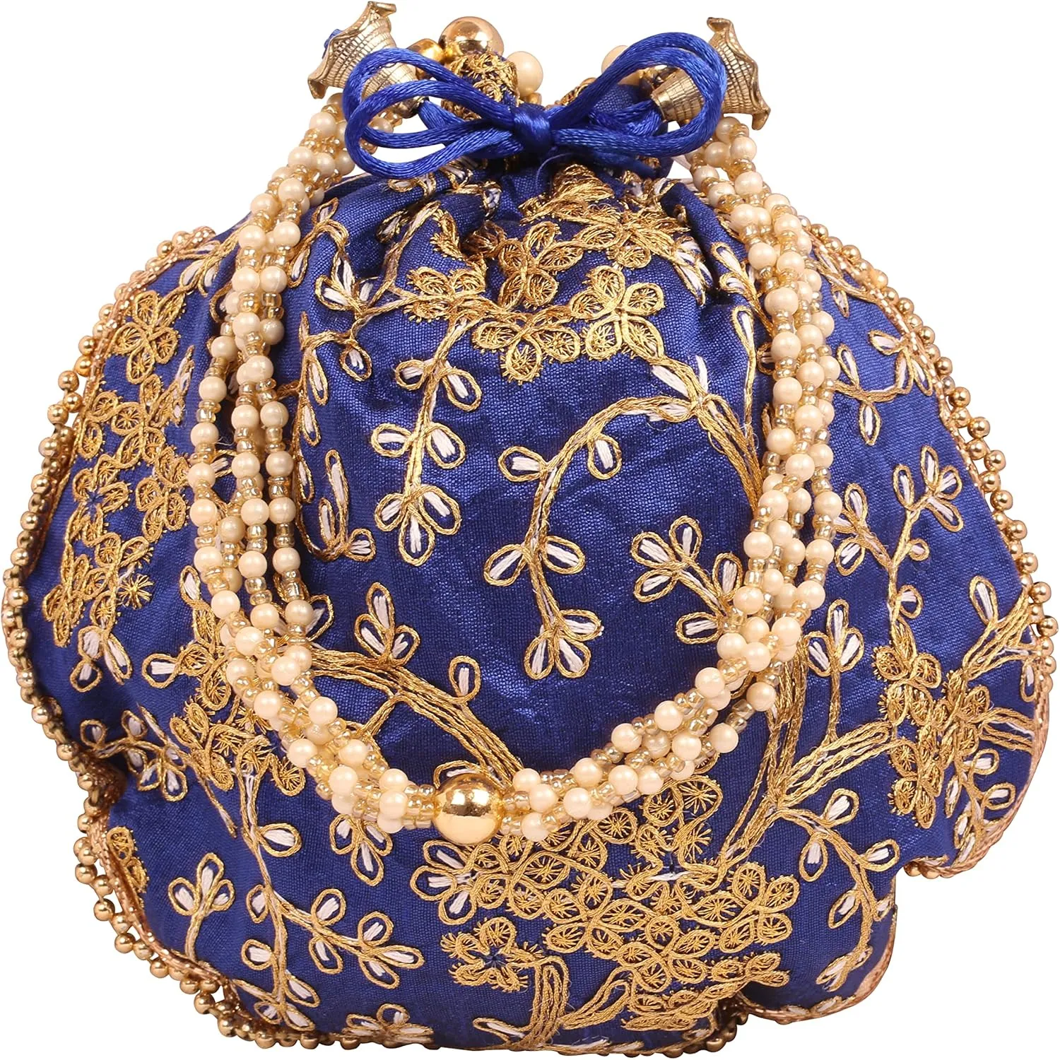 Touchstone Traditional Indian Hand Embroidered Shopping Gifts Jewelry Wedding Faux Pearls Strings Drawstring Bag for Women.