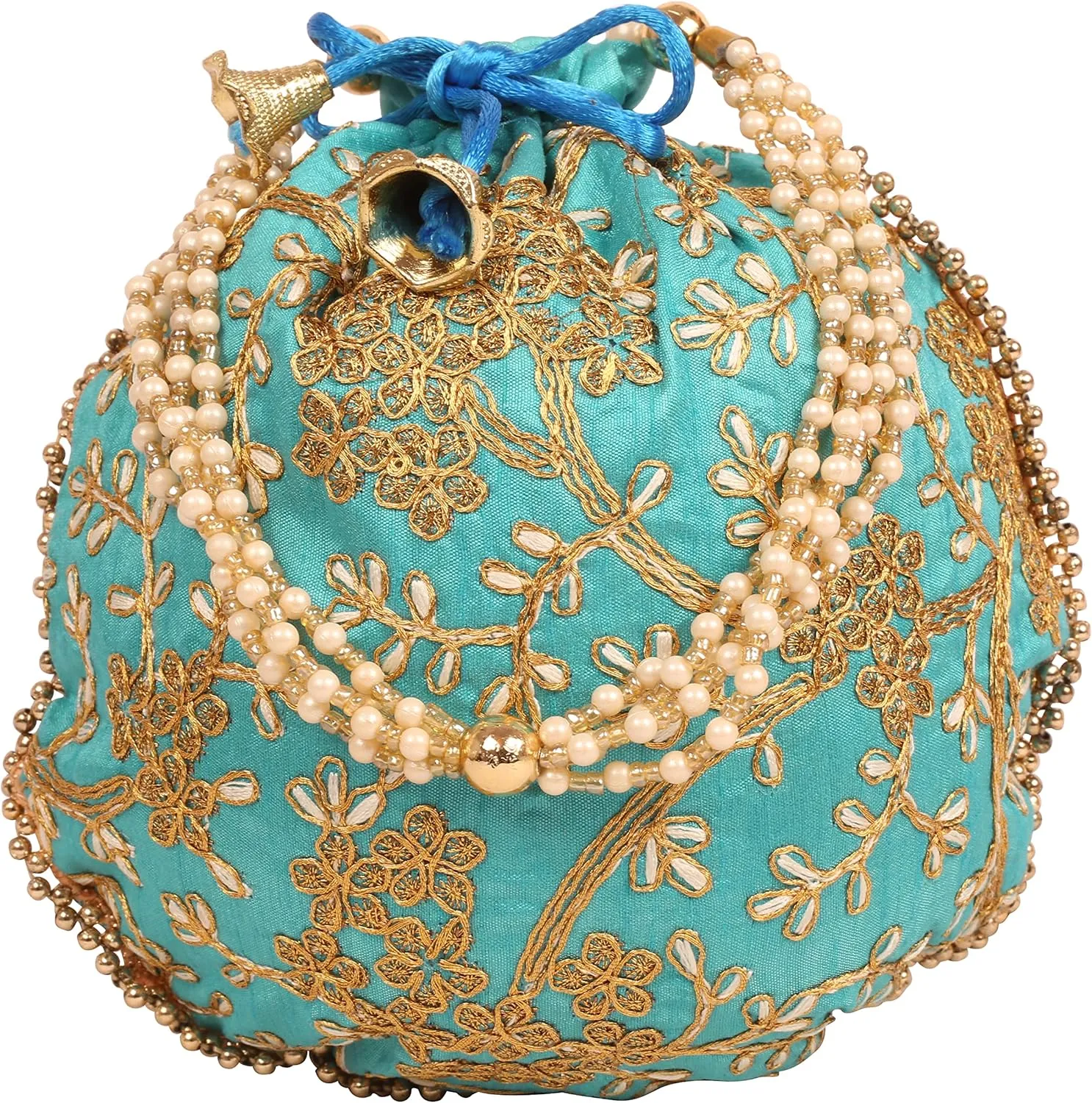 Touchstone Traditional Indian Hand Embroidered Shopping Gifts Jewelry Wedding Faux Pearls Strings Drawstring Bag for Women.