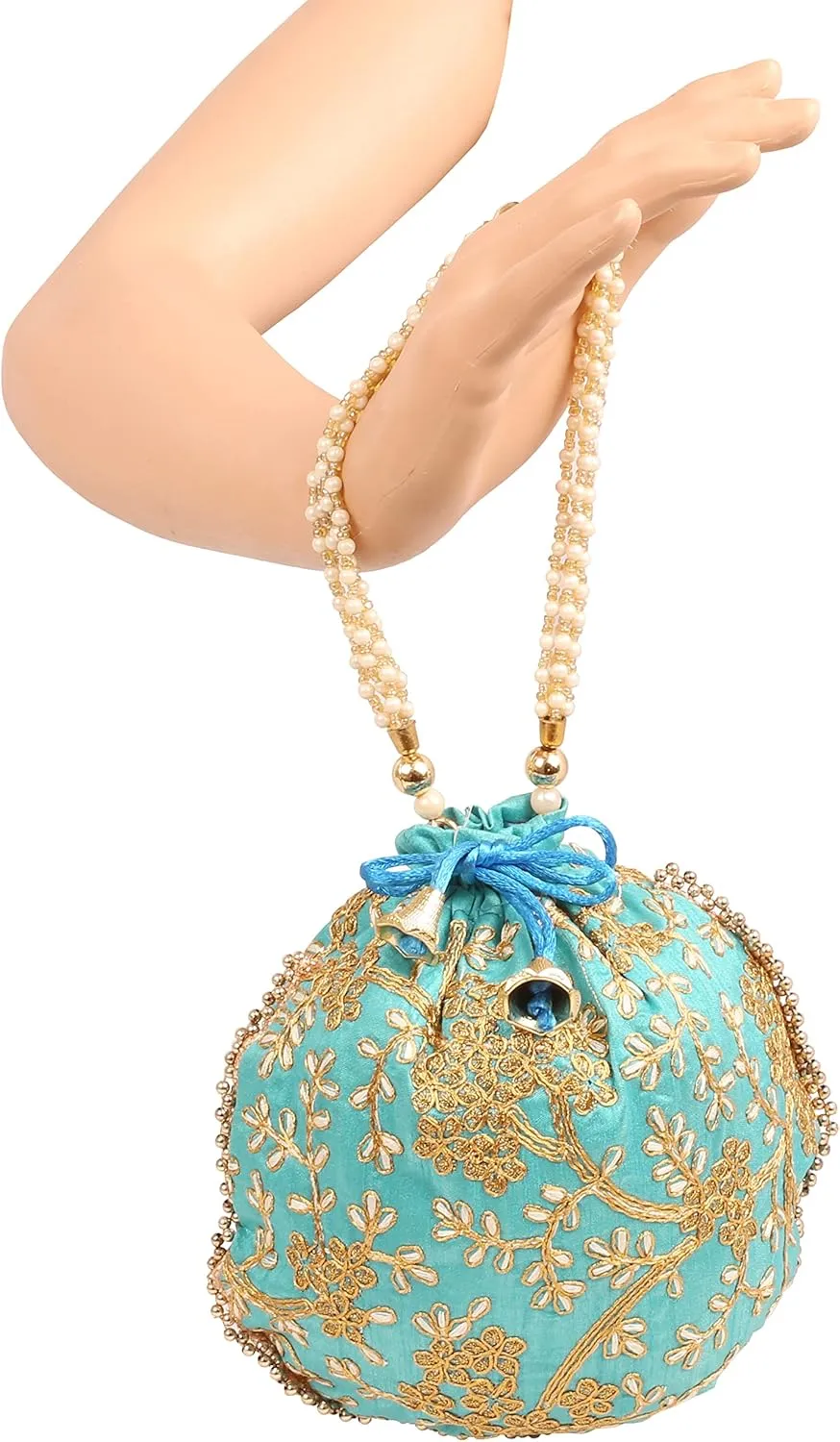 Touchstone Traditional Indian Hand Embroidered Shopping Gifts Jewelry Wedding Faux Pearls Strings Drawstring Bag for Women.